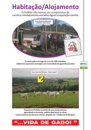 Habitação/Alojamento
         O Prefeito não honrou seu compromisso de
construir imediatamente moradias dignas à população carente.

                         Assentamento Menezes:
                         condições desumanas




              A construção e entrega de cerca de 1300 moradias,
   caberia no orçamento municipal, sem necessidade de aguardar parcerias

                                                                             11
                     Assentamento Menezes: Vida de gado!




            Enquanto o Prefeito se omitia de seus compromissos,
            aguardando o momento político ideal lançar as obras,
  o povo continua em barracos e lonas, alojados em “criadouros de Dengue”.



  “...VIDA DE GADO! ”
 