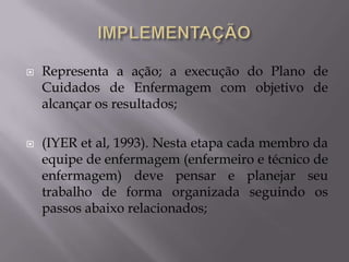 



Representa a ação; a execução do Plano de
Cuidados de Enfermagem com objetivo de
alcançar os resultados;
(IYER et al, 1993). Nesta etapa cada membro da
equipe de enfermagem (enfermeiro e técnico de
enfermagem) deve pensar e planejar seu
trabalho de forma organizada seguindo os
passos abaixo relacionados;

 