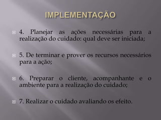 







4. Planejar as ações necessárias para a
realização do cuidado: qual deve ser iniciada;
5. De terminar e prover os recursos necessários
para a ação;
6. Preparar o cliente, acompanhante e o
ambiente para a realização do cuidado;
7. Realizar o cuidado avaliando os efeito.

 