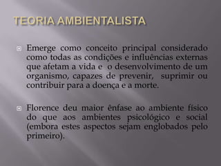 



Emerge como conceito principal considerado
como todas as condições e influências externas
que afetam a vida e o desenvolvimento de um
organismo, capazes de prevenir, suprimir ou
contribuir para a doença e a morte.

Florence deu maior ênfase ao ambiente físico
do que aos ambientes psicológico e social
(embora estes aspectos sejam englobados pelo
primeiro).

 