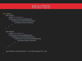 func main() {
http.Handle(
entities.RootEndpoint,
middlewares.NotFoundMiddleware{
middlewares.NewRelicMiddleware{
controllers.IndexController{},
},
},
)
http.Handle(
entities.PlaceEndpoint,
middlewares.NotFoundMiddleware{
middlewares.NewRelicMiddleware{
middlewares.AuthenticationMiddleware{
controllers.PlaceController{},
},
},
},
)
log.Fatal(http.ListenAndServe(":"+conf.GetConfigs().Port, nil))
}
ROUTES
 