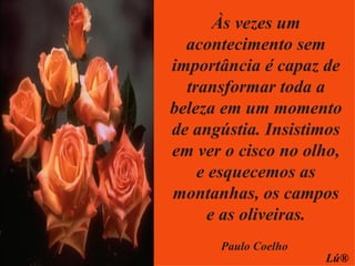 Às vezes um acontecimento sem importância é capaz de transformar toda a beleza em um momento de angústia. Insistimos em ver o cisco no olho, e esquecemos as montanhas, os campos e as oliveiras. Paulo Coelho Lú® 