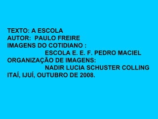 TEXTO: A ESCOLA  AUTOR:  PAULO FREIRE IMAGENS DO COTIDIANO : ESCOLA E. E. F. PEDRO MACIEL ORGANIZAÇÃO DE IMAGENS:  NADIR LUCIA SCHUSTER COLLING ITAÍ, IJUÍ, OUTUBRO DE 2008. 
