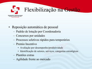 Flexibilização na Gestão Reposição automática de pessoal Padrão de lotação por Coordenadoria Concursos por unidades Processos seletivos rápidos para temporários Premio Incentivo Avaliação por desempenho/produtividade Identificação de setores, serviços, categorias estratégicas Plantões extras Agilidade frente ao mercado 