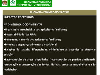 CHAMADASPÚBLICAS
           PROPOSTAS VENCEDORAS

                       CHAMADA PÚBLICA SAF/DATER

IMPACTOS ESPERADOS:

NA DIMENSÃO SOCIOAMBIENTAL
Organização associativista dos agricultores familiares;
Sustentabilidade das UPFs
Incremento na renda dos agricultores familiares;
Fomento a segurança alimentar e nutricional;
Relações de trabalho diferenciadas, minimizando as questões de gênero e
geração;
Recomposição de áreas degradadas (recomposição do passivo ambiental),
recuperação e preservação das fontes hídricas, produtos madeireiros e não
madeireiros.
 
