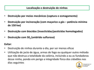 • Destruição por meios mecânicos (captura e esmagamento)
• Destruição por incineração (com maçarico a gás – potência mínima
de 150 kw)
• Destruição com biocidas (insecticidas/pesticidas homologados)
• Destruição com S02 (anidrido sulfuroso)
Evitar:
• Destruição de ninhos durante o dia, por ser menos eficaz
• Utilização de jacto de água, armas de fogo ou qualquer outro método
que não destrua a totalidade da colónia, incluindo a ou as fundadoras
desse ninho, pondo em perigo a integridade física dos cidadãos nos
dias seguintes
Localização e destruição de ninhos
 