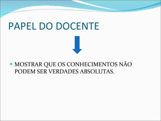 PAPEL DO DOCENTE MOSTRAR QUE OS CONHECIMENTOS NÃO PODEM SER VERDADES ABSOLUTAS. 