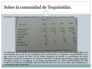 Sobre la comunidad de Tequisistlán.

En cuanto a religión, la católica predomina en todo Tezoyuca como se muestra en la ta...