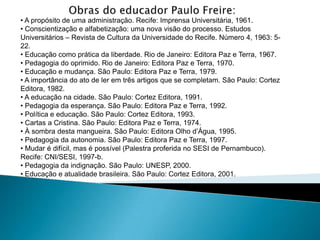 • A propósito de uma administração. Recife: Imprensa Universitária, 1961.
• Conscientização e alfabetização: uma nova visão do processo. Estudos
Universitários – Revista de Cultura da Universidade do Recife. Número 4, 1963: 5-
22.
• Educação como prática da liberdade. Rio de Janeiro: Editora Paz e Terra, 1967.
• Pedagogia do oprimido. Rio de Janeiro: Editora Paz e Terra, 1970.
• Educação e mudança. São Paulo: Editora Paz e Terra, 1979.
• A importância do ato de ler em três artigos que se completam. São Paulo: Cortez
Editora, 1982.
• A educação na cidade. São Paulo: Cortez Editora, 1991.
• Pedagogia da esperança. São Paulo: Editora Paz e Terra, 1992.
• Política e educação. São Paulo: Cortez Editora, 1993.
• Cartas a Cristina. São Paulo: Editora Paz e Terra, 1974.
• À sombra desta mangueira. São Paulo: Editora Olho d’Água, 1995.
• Pedagogia da autonomia. São Paulo: Editora Paz e Terra, 1997.
• Mudar é difícil, mas é possível (Palestra proferida no SESI de Pernambuco).
Recife: CNI/SESI, 1997-b.
• Pedagogia da indignação. São Paulo: UNESP, 2000.
• Educação e atualidade brasileira. São Paulo: Cortez Editora, 2001.
 