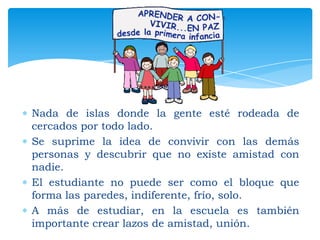 Nada de islas donde la gente esté rodeada de
cercados por todo lado.
Se suprime la idea de convivir con las demás
personas y descubrir que no existe amistad con
nadie.
El estudiante no puede ser como el bloque que
forma las paredes, indiferente, frío, solo.
A más de estudiar, en la escuela es también
importante crear lazos de amistad, unión.

 