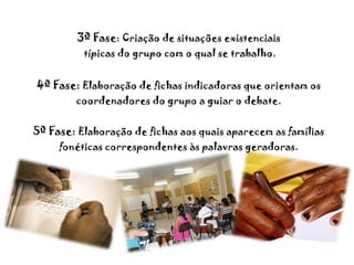 3ª Fase : Criação de situações existenciais  típicas do grupo com o qual se trabalho.   4ª Fase:  Elaboração de fichas indicadoras que orientam os coordenadores do grupo a guiar o debate.   5ª Fase:  Elaboração de fichas aos quais aparecem as famílias fonéticas correspondentes às palavras geradoras. 