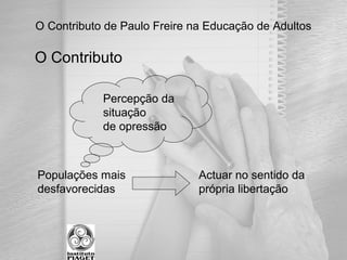 O Contributo de Paulo Freire na Educação de Adultos
O Contributo
Percepção da
situação
de opressão
Populações mais
desfavorecidas
Actuar no sentido da
própria libertação
 