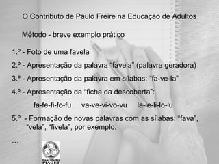Método - breve exemplo prático
1.º - Foto de uma favela
2.º - Apresentação da palavra “favela” (palavra geradora)
3.º - Apresentação da palavra em sílabas: “fa-ve-la”
4.º - Apresentação da “ficha da descoberta”:
fa-fe-fi-fo-fu va-ve-vi-vo-vu la-le-li-lo-lu
5.º - Formação de novas palavras com as sílabas: “fava”,
“vela”, “fivela”, por exemplo.
…
O Contributo de Paulo Freire na Educação de Adultos
 