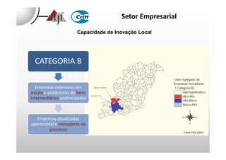 Setor Empresarial
CATEGORIA B
Capacidade de Inovação Local
Empresas intensivas em
escala e produtoras de bens
intermediários padronizados
Empresas atualizadas
operacional e inovadoras de
processo
Fonte: FEA (2007)
 