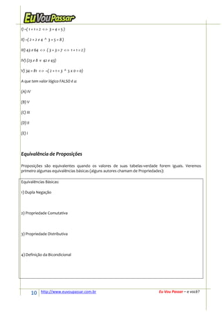 I) ~( 1 + 1 = 2 <-> 3 + 4 = 5 )

II) ~( 2 + 2 ≠ 4 ^ 3 + 5 = 8 )

III) 43 ≠ 64 <-> ( 3 + 3 = 7 <-> 1 + 1 = 2 )

IV) (23 ≠ 8 v 42 ≠ 43)

V) 34 = 81 <-> ~( 2 + 1 = 3 ^ 5 x 0 = 0)

A que tem valor lógico FALSO é a:

(A) IV

(B) V

(C) III

(D) II

(E) I




Equivalência de Proposições

Proposições são equivalentes quando os valores de suas tabelas-verdade forem iguais. Veremos
primeiro algumas equivalências básicas (alguns autores chamam de Propriedades):

Equivalências Básicas:

1) Dupla Negação




2) Propriedade Comutativa




3) Propriedade Distributiva




4) Definição da Bicondicional




          10   http://www.euvoupassar.com.br                          Eu Vou Passar – e você?
 