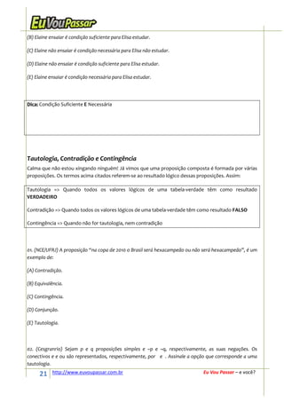 (B) Elaine ensaiar é condição suficiente para Elisa estudar.

(C) Elaine não ensaiar é condição necessária para Elisa não estudar.

(D) Elaine não ensaiar é condição suficiente para Elisa estudar.

(E) Elaine ensaiar é condição necessária para Elisa estudar.




Dica: Condição Suficiente E Necessária




Tautologia, Contradição e Contingência
Calma que não estou xingando ninguém! Já vimos que uma proposição composta é formada por várias
proposições. Os termos acima citados referem-se ao resultado lógico dessas proposições. Assim:

Tautologia => Quando todos os valores lógicos de uma tabela-verdade têm como resultado
VERDADEIRO

Contradição => Quando todos os valores lógicos de uma tabela-verdade têm como resultado FALSO

Contingência => Quando não for tautologia, nem contradição




01. (NCE/UFRJ) A proposição “na copa de 2010 o Brasil será hexacampeão ou não será hexacampeão”, é um
exemplo de:

(A) Contradição.

(B) Equivalência.

(C) Contingência.

(D) Conjunção.

(E) Tautologia.



02. (Cesgranrio) Sejam p e q proposições simples e ~p e ~q, respectivamente, as suas negações. Os
conectivos e e ou são representados, respectivamente, por e . Assinale a opção que corresponde a uma
tautologia.

      21    http://www.euvoupassar.com.br                                    Eu Vou Passar – e você?
 