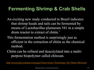 An exciting new study conducted in Brazil indicates
  that shrimp heads and tails can be fermented by
  means of Lactobacillus plantarum 541 in a simple
  drum reactor to extract of chitin.*
This fermentation method is surprisingly just as
  efficient in the extraction of chitin as the chemical
  method.
Chitin can be refined and deacetylated into a multi-
  purpose biopolymer called chitosan.
http://ecosyseng.wetpaint.com/page/Clean+Green+Technology+for+Shrim+Biowaste

                           Making Waste our Greatest Resource                  133
 