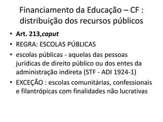 Financiamento da Educação – CF : 
distribuição dos recursos públicos 
• Art. 213,caput 
• REGRA: ESCOLAS PÚBLICAS 
• escolas públicas - aquelas das pessoas 
jurídicas de direito público ou dos entes da 
administração indireta (STF - ADI 1924-1) 
• EXCEÇÃO : escolas comunitárias, confessionais 
e filantrópicas com finalidades não lucrativas 
 
