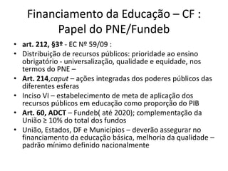 Financiamento da Educação – CF : 
Papel do PNE/Fundeb 
• art. 212, §3º - EC Nº 59/09 : 
• Distribuição de recursos públicos: prioridade ao ensino 
obrigatório - universalização, qualidade e equidade, nos 
termos do PNE – 
• Art. 214,caput – ações integradas dos poderes públicos das 
diferentes esferas 
• Inciso VI – estabelecimento de meta de aplicação dos 
recursos públicos em educação como proporção do PIB 
• Art. 60, ADCT – Fundeb( até 2020); complementação da 
União ≥ 10% do total dos fundos 
• União, Estados, DF e Municípios – deverão assegurar no 
financiamento da educação básica, melhoria da qualidade – 
padrão mínimo definido nacionalmente 
 