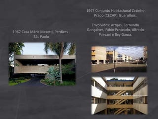 1967 Casa Mário Masetti, Perdizes -
São Paulo
1967 Conjunto Habitacional Zezinho
Prado (CECAP), Guarulhos.
Envolvidos: Artigas, Fernando
Gonçalves, Fabio Penteado, Alfredo
Paesani e Ruy Gama.
 