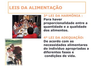 LEIS DA ALIMENTAÇÃO
3ª LEI DA HARMÔNIA :
Para haver
proporcionalidade entre a
quantidade e a qualidade
dos alimentos.
4ª LEI DA ADEQUAÇÃO:
De acordo com as
necessidades alimentares
do indivíduo apropriadas a
diferentes fases e
condições de vida.
 
