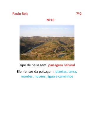 Paulo Reis 7º2
Nº16
Tipo de paisagem: paisagem natural
Elementos da paisagem: plantas, terra,
montes, nuvens, água e caminhos
 