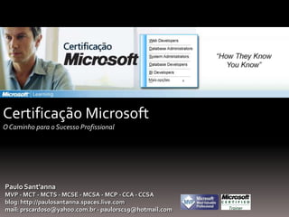 Introdução ao PowerPoint 2007 Certificação MicrosoftO Caminho para o Sucesso Profissional Paulo Sant&apos;anna MVP - MCT - MCTS - MCSE - MCSA - MCP - CCA - CCSA blog: http://paulosantanna.spaces.live.com mail: prscardoso@yahoo.com.br - paulorsc19@hotmail.com 