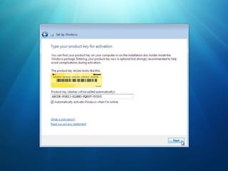Processo de InstalaçãoAssistente semelhante ao do Windows VistaProcesso divido em duas partes:Início da InstalaçãoConfiguração InicialMelhorias:Suporte a Atualização via BootSerial informado no final (Opcional)Detecção de rede WirelessTestes de desempenho e ambiente feitos antes das telas finais