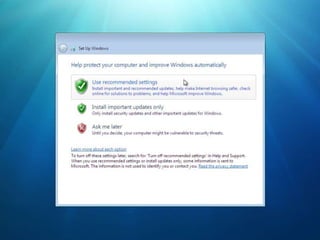Atualização (Upgrade)Instalação LimpaInstalação LimpaAtualizarAtualizarÉ possível atualizar o Windows Vista para o Windows 7Compatibilidade de hardware e software garantidaNão é possível atualizar o Windows XP direto para o Windows 7Mudanças drásticas na arquitetura do Sistema OperacionalCaminho alternativo: Atualizar para o Vista, depois para o Win7