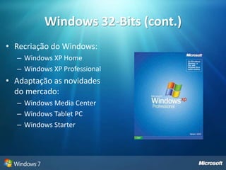 Windows 32-Bits (cont.)Recriação do Windows:Windows XP HomeWindows XP ProfessionalAdaptação as novidades do mercado:Windows Media CenterWindows Tablet PCWindows Starter 