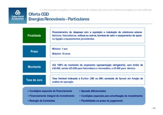 2. A discriminação energética no financiamento de medidas para uma maior eficiência energética no meio edificado

 Oferta CGD
 Energias Renováveis - Particulares

                       Financiamento de despesas com a aquisição e instalação de colectores solares
 Finalidade            térmicos, fotovoltaicos, eólicos ou outros, bombas de calor e equipamento de apoio
                       ou ligação a equipamentos já existentes.


                       Mínimo: 1 ano
   Prazo
                       Máximo: 10 anos



                       Até 100% do montante do orçamento (apresentação obrigatória), com limite de
 Montante               30.000, sendo 25.000 para fotovoltaico e microeólico, e 5.000 para térmico



                       Taxa Variável Indexada à Euribor (3M ou 6M) acrescida de Spread em função da
Taxa de Juro
                       análise da operação.


  Condições especiais de financiamento              Spreads diferenciados
  Financiamento integral do investimento            Condições especiais para amortização do investimento
  Redução de Comissões                              Flexibilidade no prazo do pagamento

                                                                                                                              - 23 -
 