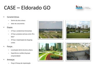 CASE – Eldorado GOCaracterísticasDentro da área urbanaVetor de crescimentoEtapas1ª Fase: condomínios horizontais2ª Fase: produtos verticais entre 70 e 90m²3ª Fase: implantação de shopping centerForçasLocalização dentro da área urbanaExperiência e solidez do grupo empreendedorAmeaçasPreço X Tempo de implantação