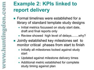 Example 2: KPIs linked to
report delivery
   Formal timelines were established for a
    library of standard template study designs
       Initial metrics focussed on study start date,
        draft and final reports only
       Review showed high level of delays........why?
   Jointly established key milestones set to
    monitor critical phases from start to finish
       Initially all milestones locked against study
        start
       Updated against milestone delivery times
       Additional metric established for complete
        study timing against plan
 