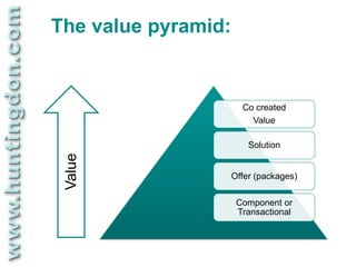 The value pyramid:


                       Co created
                         Value

                         Solution
 Value




                     Offer (packages)

                      Component or
                      Transactional
 