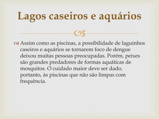 
 Assim como as piscinas, a possibilidade de laguinhos
caseiros e aquários se tornarem foco de dengue
deixou muitas pessoas preocupadas. Porém, peixes
são grandes predadores de formas aquáticas de
mosquitos. O cuidado maior deve ser dado,
portanto, às piscinas que não são limpas com
frequência.
Lagos caseiros e aquários
 