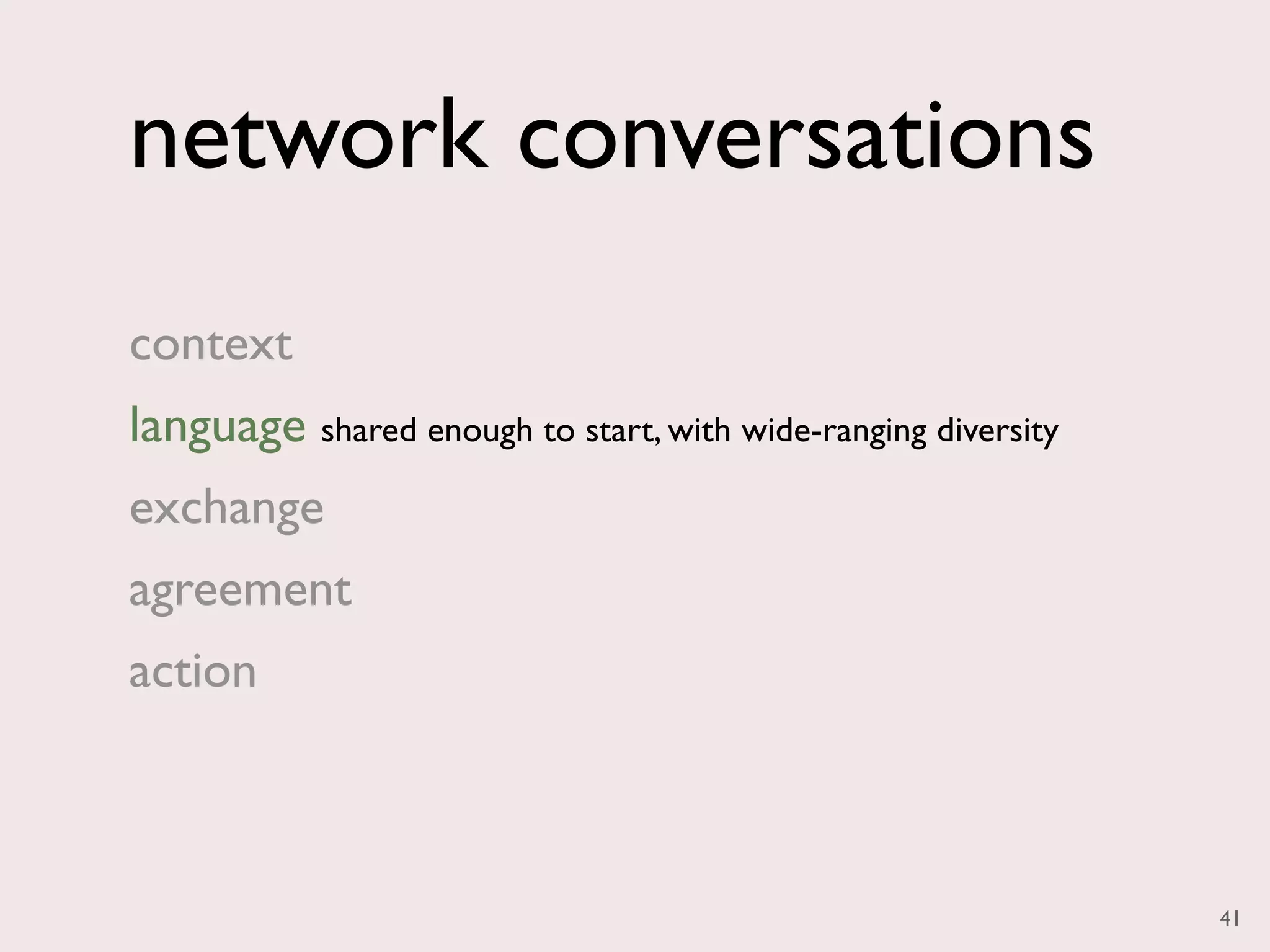 network conversations
context
language shared enough to start, with wide-ranging diversity
exchange
agreement
action



                                                               41
 