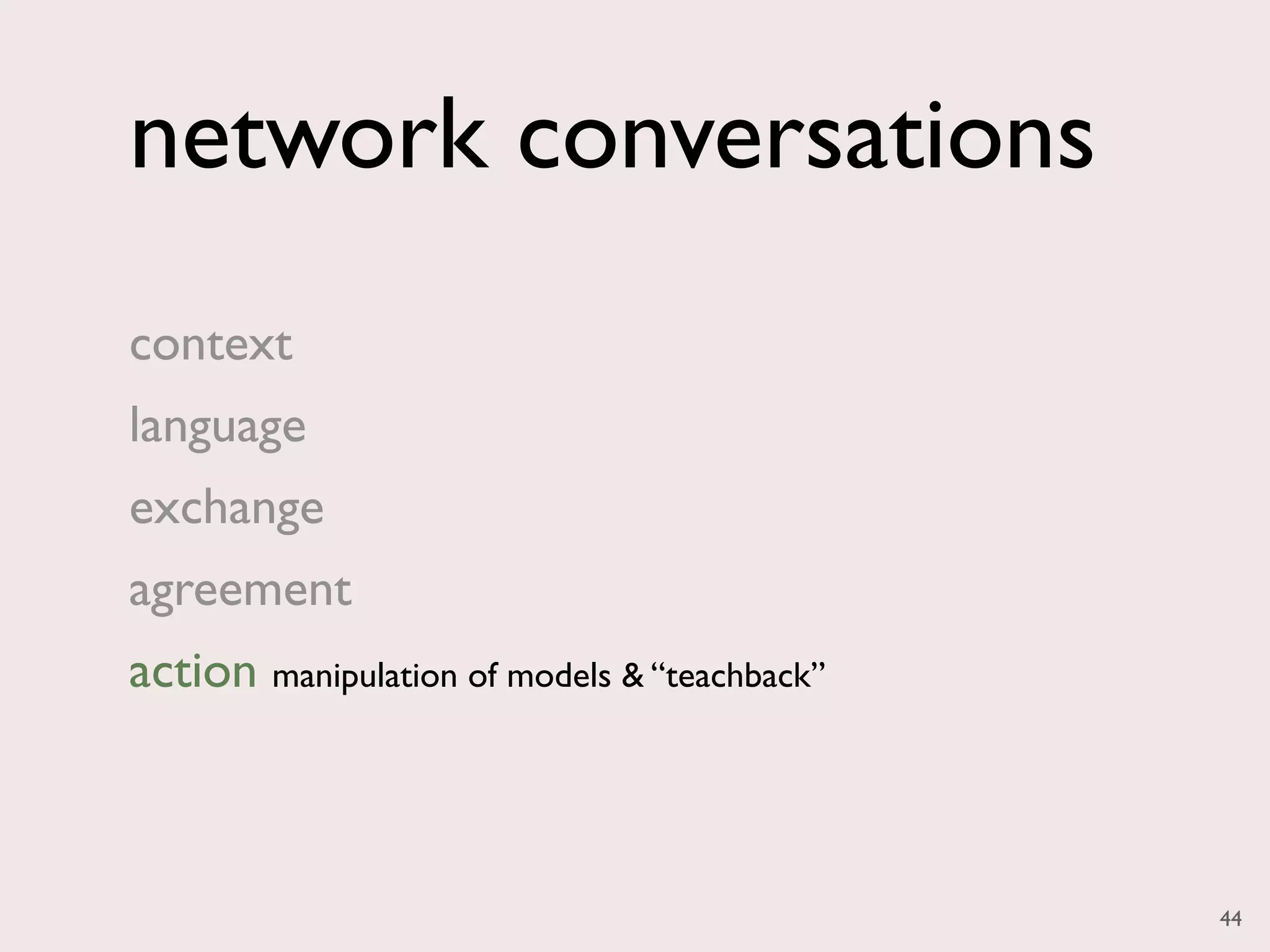 network conversations
context
language
exchange
agreement
action manipulation of models & “teachback”



                                              44
 
