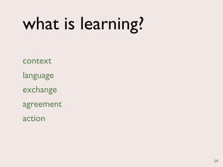 what is learning?
context
language
exchange
agreement
action



                    29
 