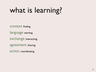what is learning?
context finding
language starting
exchange interacting
agreement sharing
action coordinating



                       30
 