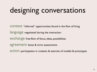designing conversations
context “informal” opportunities found in the flow of living
language negotiated during the interaction
exchange free-flow of focus, ideas, possibilities
agreement loose & strict assessments
action participation in creation & exercise of models & prototypes



                                                                     36
 