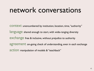 network conversations
context unencumbered by institution, location, time, “authority”
language shared enough to start, with wide-ranging diversity
exchange free & inclusive, without prejudice to authority
agreement on-going check of understanding, even in each exchange
action manipulation of models & “teachback”



                                                                   45
 