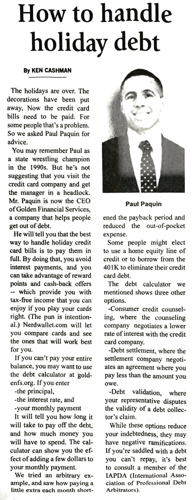 Holiday Debt Relief Article in the Cornwall Local Newspaper  