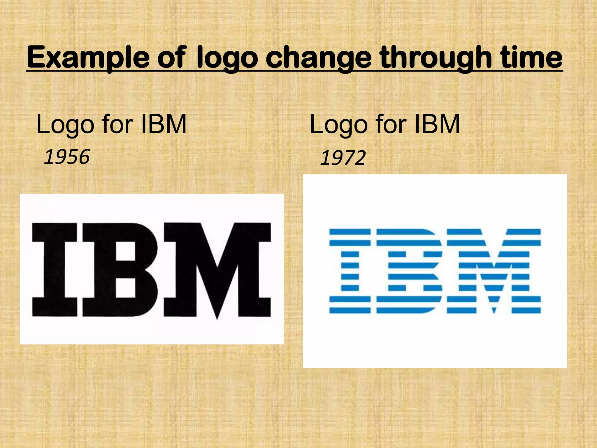 Logo for IBM Logo for IBM
1956 1972
Example of logo change through time