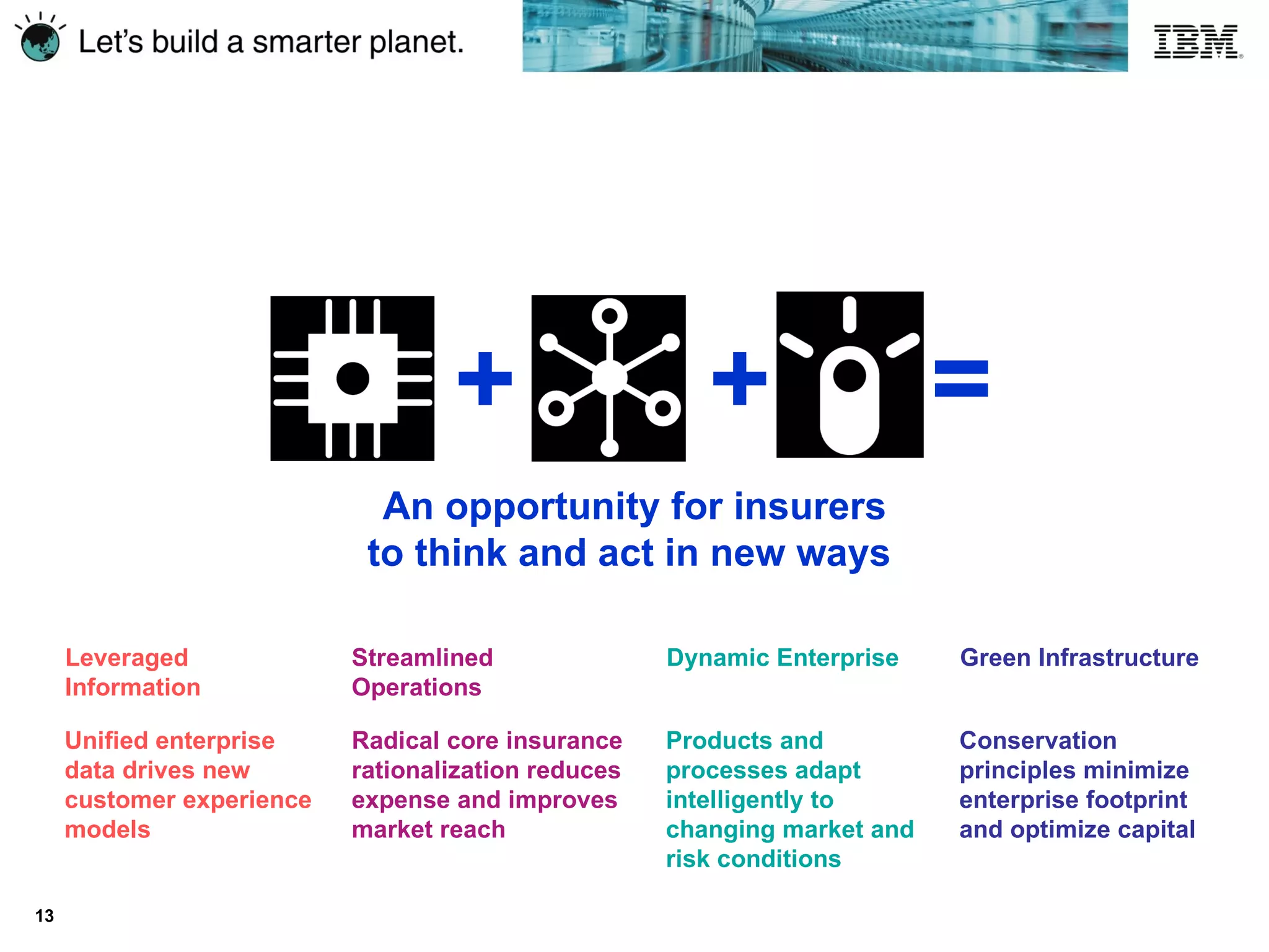 An opportunity for insurers to think and act in new ways   + + = Unified enterprise  data drives new customer experience models Products and processes adapt intelligently to changing market and risk conditions Radical core insurance rationalization reduces expense and improves market reach Conservation principles minimize enterprise footprint and optimize capital Leveraged Information Dynamic Enterprise Streamlined Operations Green Infrastructure 