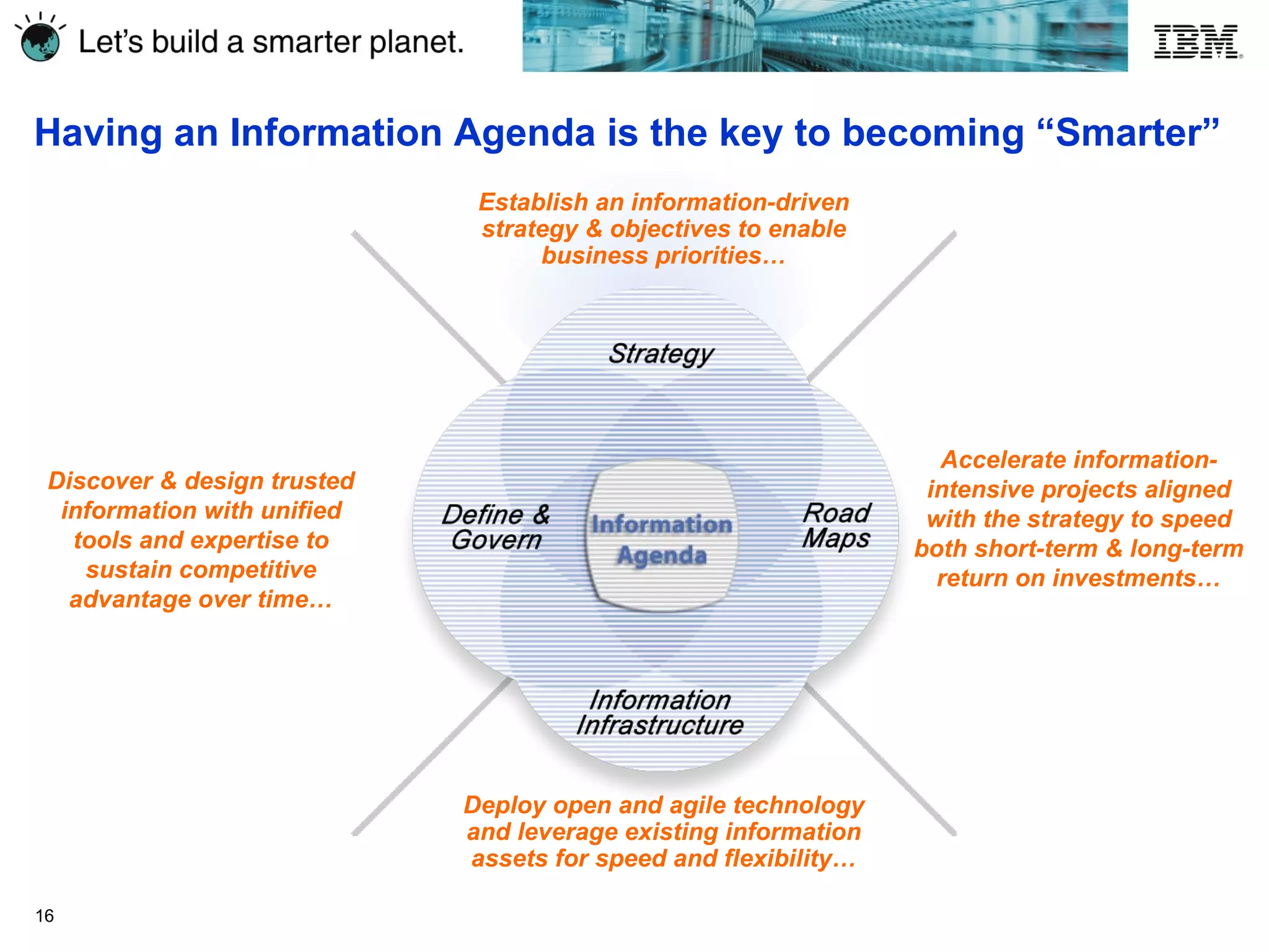 Having an Information Agenda is the key to becoming “Smarter” Accelerate information-intensive projects aligned with the strategy to speed both short-term & long-term return on investments… Establish an information-driven strategy & objectives to enable business priorities… Deploy open and agile technology and leverage existing information assets for speed and flexibility… Discover & design trusted information with unified tools and expertise to sustain competitive advantage over time… 