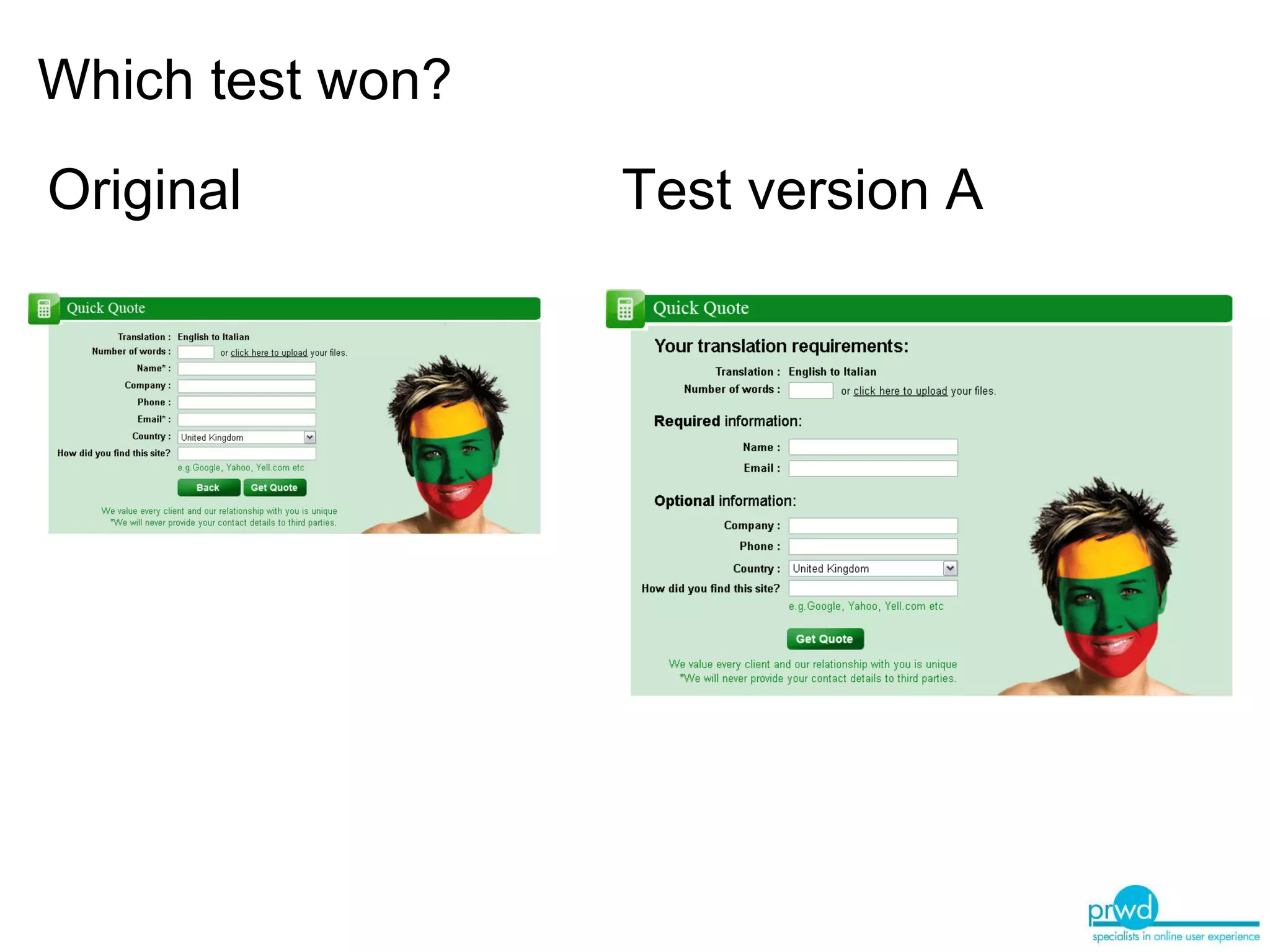 Which test won? Original Test version A 
