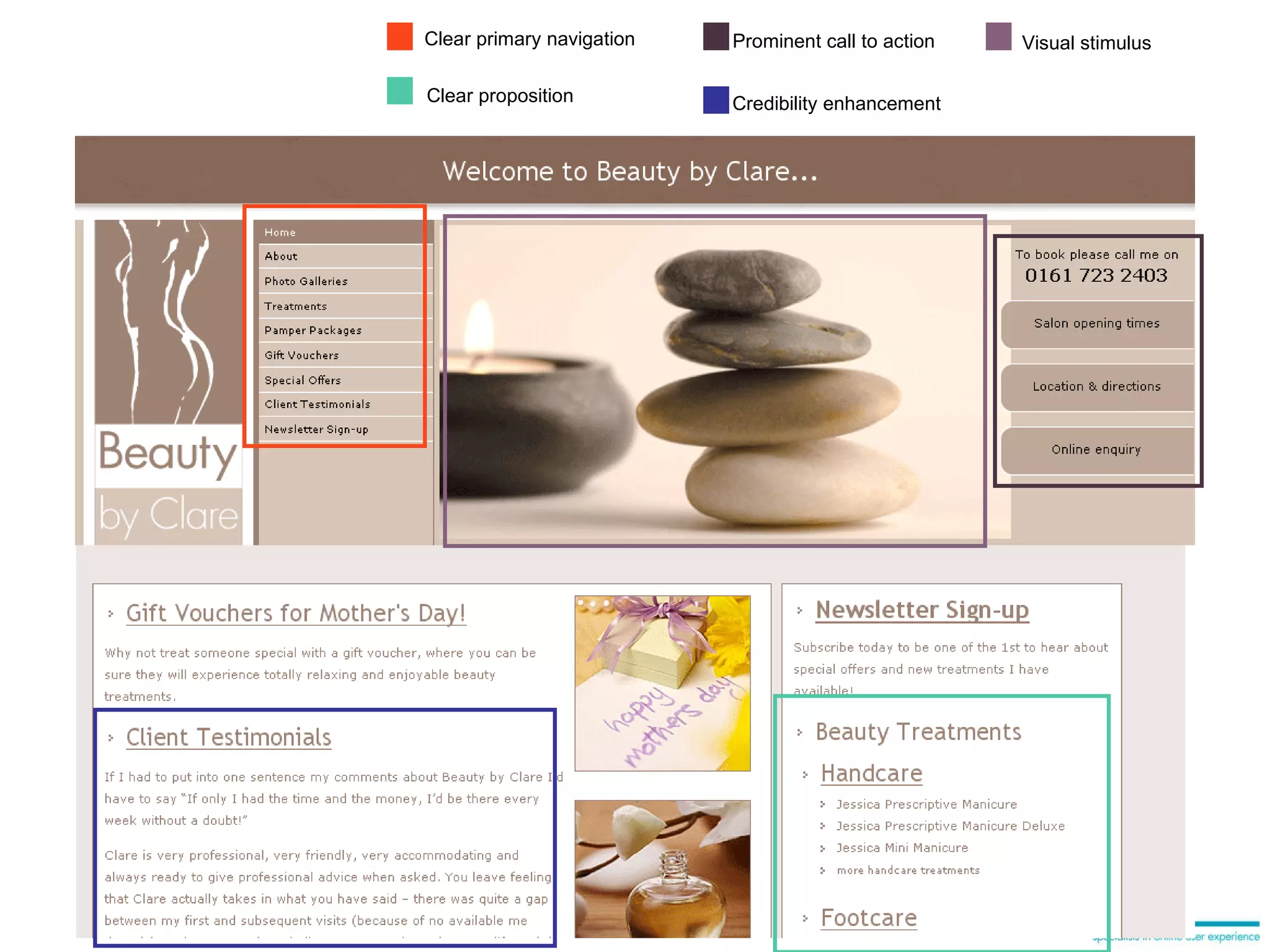 Clear primary navigation Clear proposition Prominent call to action Credibility enhancement Visual stimulus 