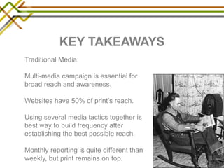 KEY TAKEAWAYS 
Traditional Media: 
Multi-media campaign is essential for 
broad reach and awareness. 
Websites have 50% of...