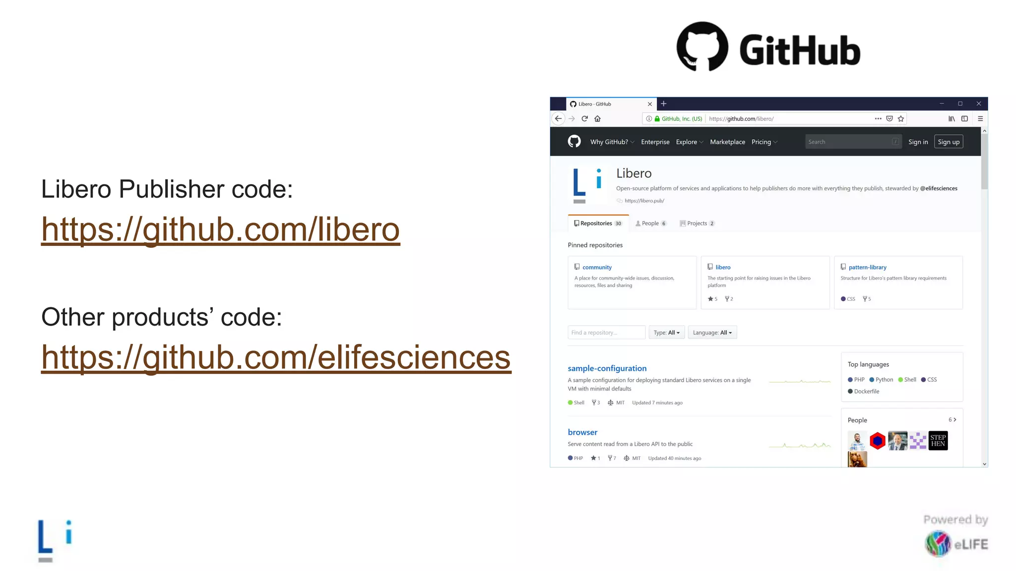 Libero Publisher code:
https://github.com/libero
Other products’ code:
https://github.com/elifesciences
 