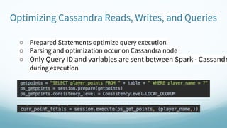 Optimizing Cassandra Reads, Writes, and Queries
○ Prepared Statements optimize query execution
○ Parsing and optimization occur on Cassandra node
○ Only Query ID and variables are sent between Spark - Cassandr
during execution
 